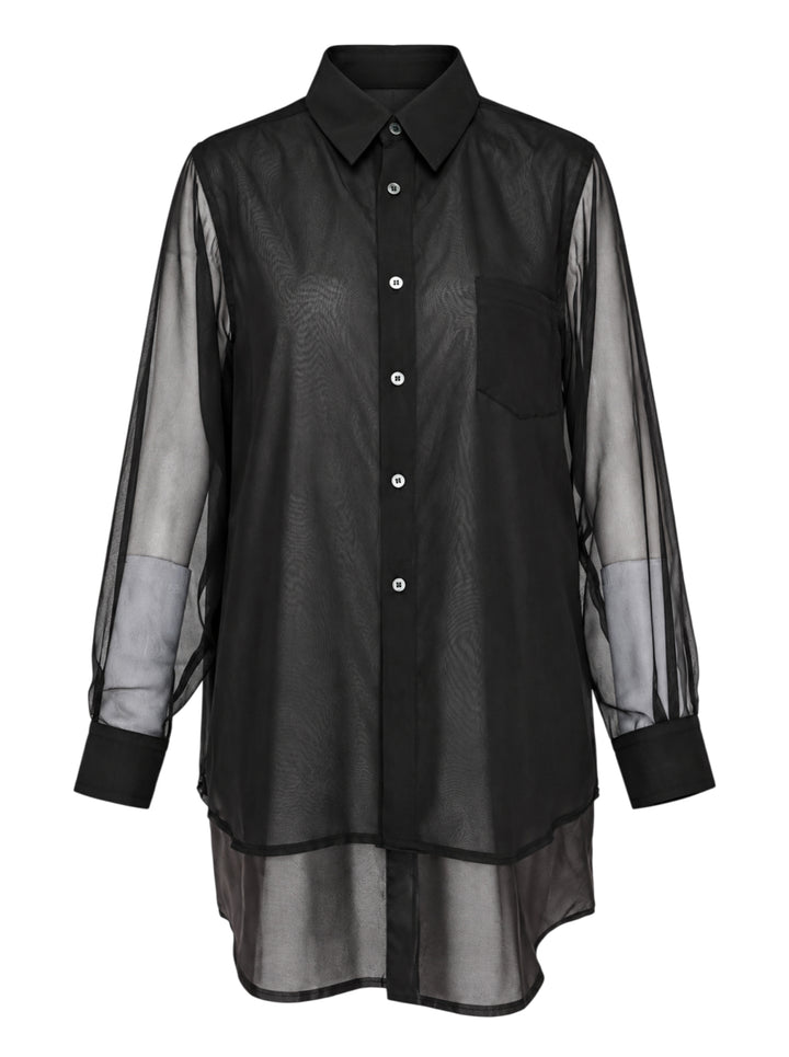 Black layered sheer long-sleeve shirt with pointed collar, white buttons, chest pocket and extended underlayer hem, shown on a white background - view 3