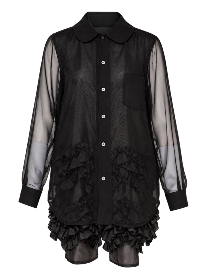 Black sheer organza longline blouse with a rounded collar, button front and gathered taffeta ruffles at the hem by Comme des Garçons Comme des Garçons