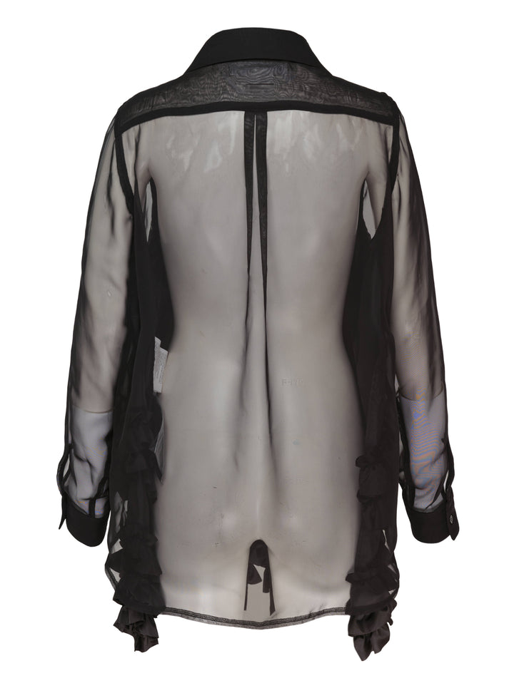 Black sheer organza longline blouse with a rounded collar, button front and gathered taffeta ruffles at the hem by Comme des Garçons Comme des Garçons - view 2