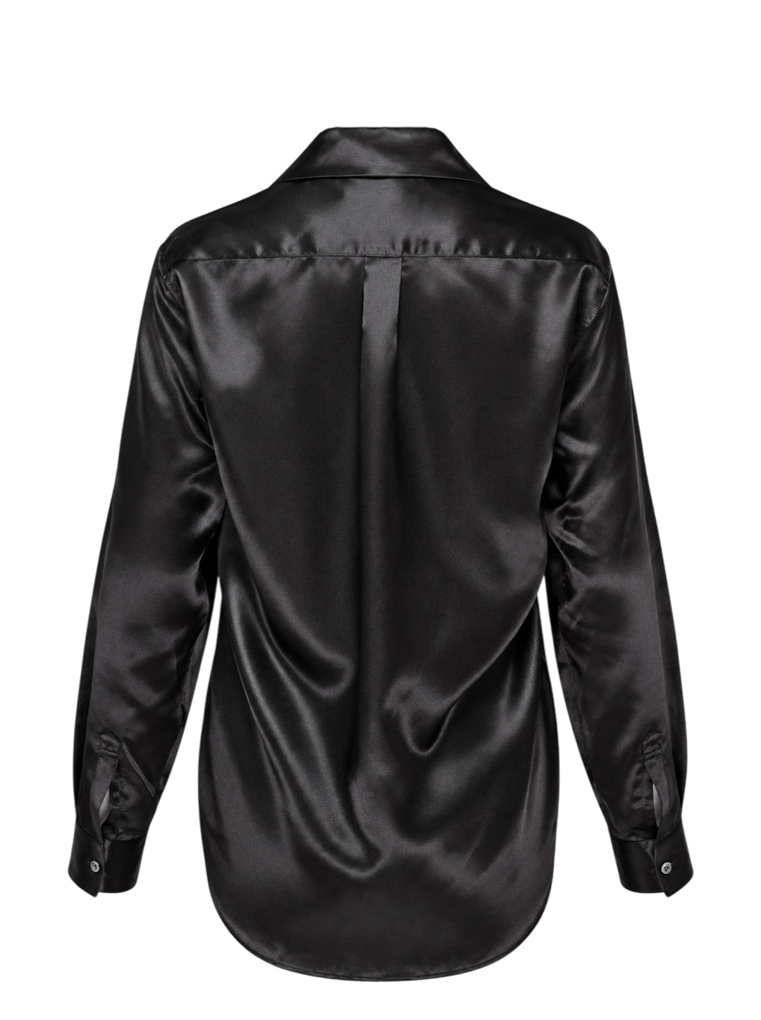 Black satin long sleeve blouse with a round collar and ruched gathered front bodice by Comme des Garçons Comme des Garçons - view 2