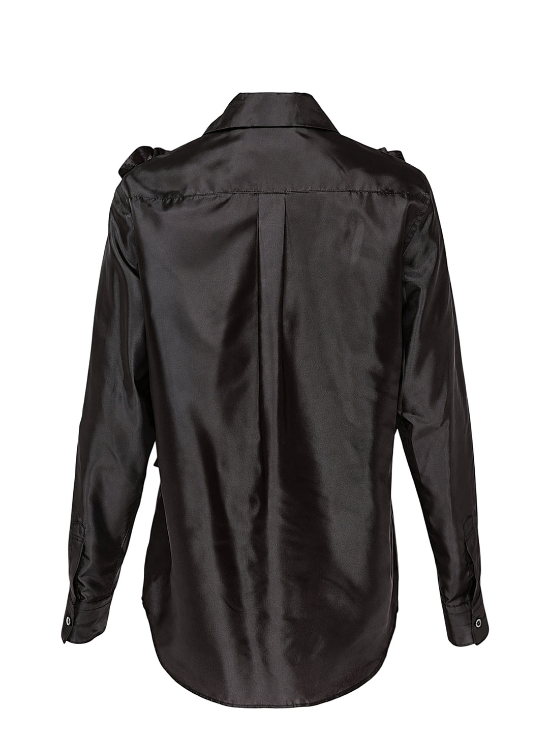 Comme des Garçons Comme des Garçons black satin blouse with dramatic tiered gathered ruffle bib front, long sleeves, point collar, and button fastening, on a white background - view 2