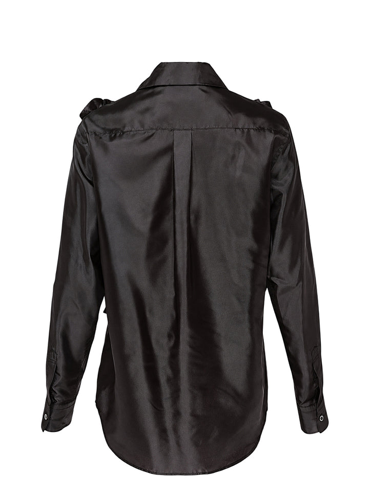 Comme des Garçons Comme des Garçons black satin blouse with dramatic tiered gathered ruffle bib front, long sleeves, point collar, and button fastening, on a white background - view 2