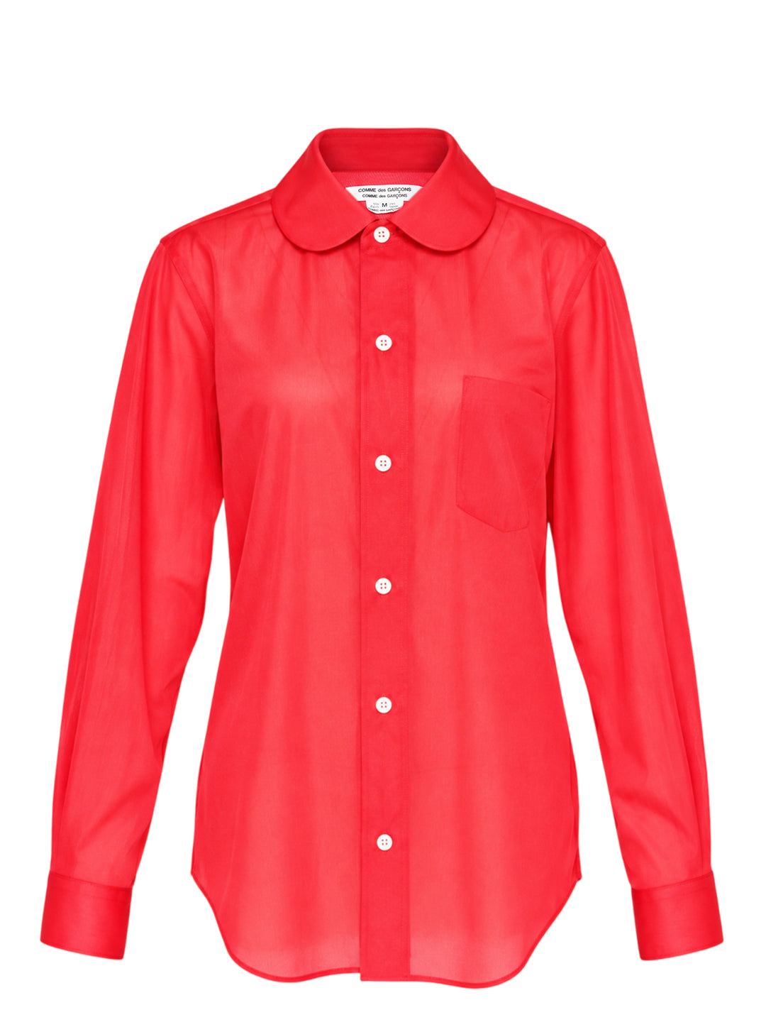 Red semi-sheer long-sleeve button-down shirt with a rounded collar, white buttons and a chest pocket by Comme des Garçons Comme des Garçons