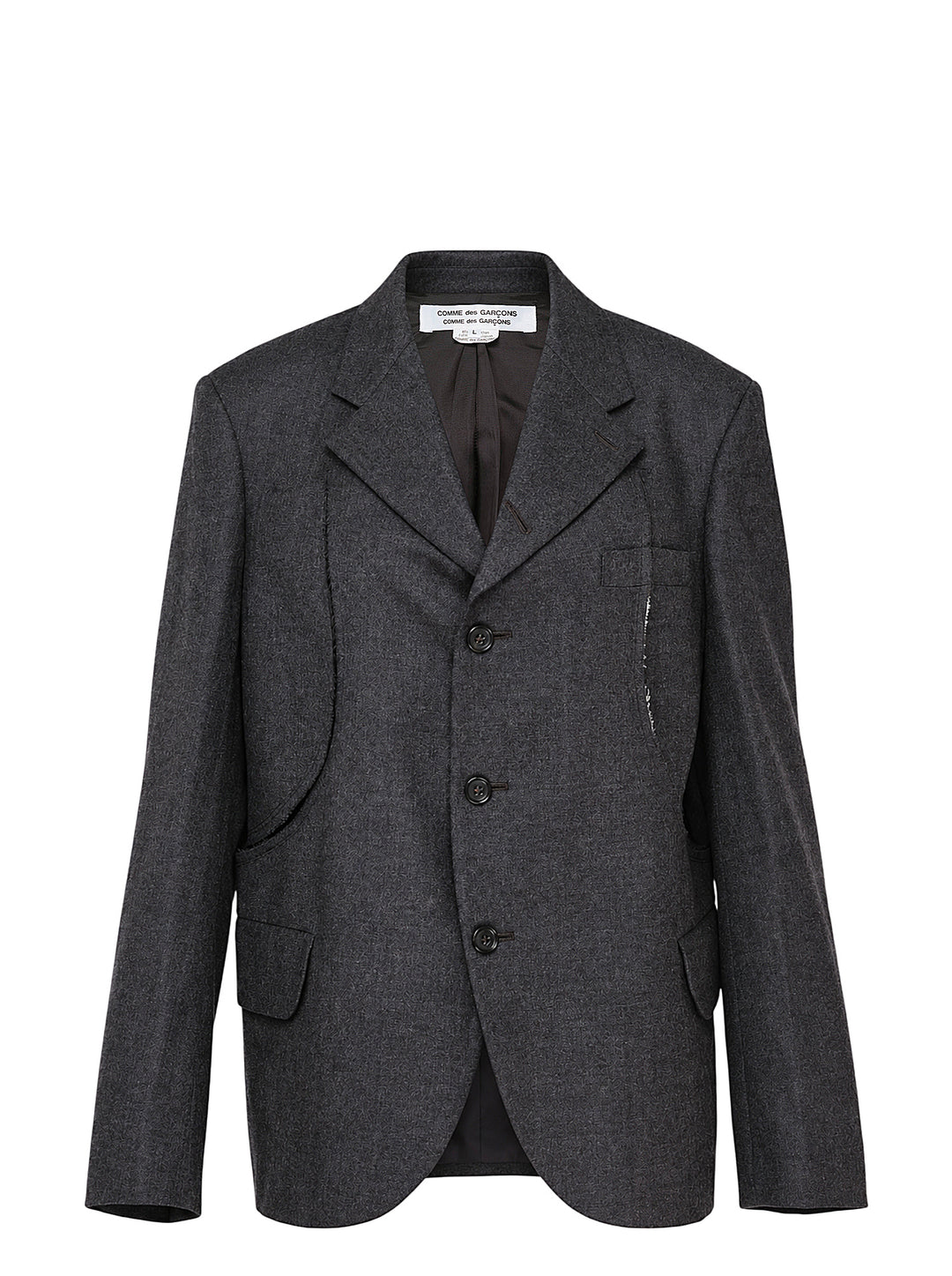Comme des Garçons Comme des Garçons charcoal grey single-breasted tailored blazer with deconstructed double-lapel detail and three-button closure, styled flat on a white background