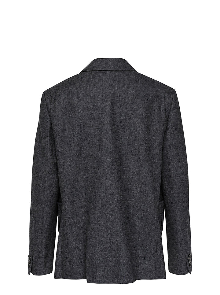 Comme des Garçons Comme des Garçons charcoal grey single-breasted tailored blazer with deconstructed double-lapel detail and three-button closure, styled flat on a white background - view 2