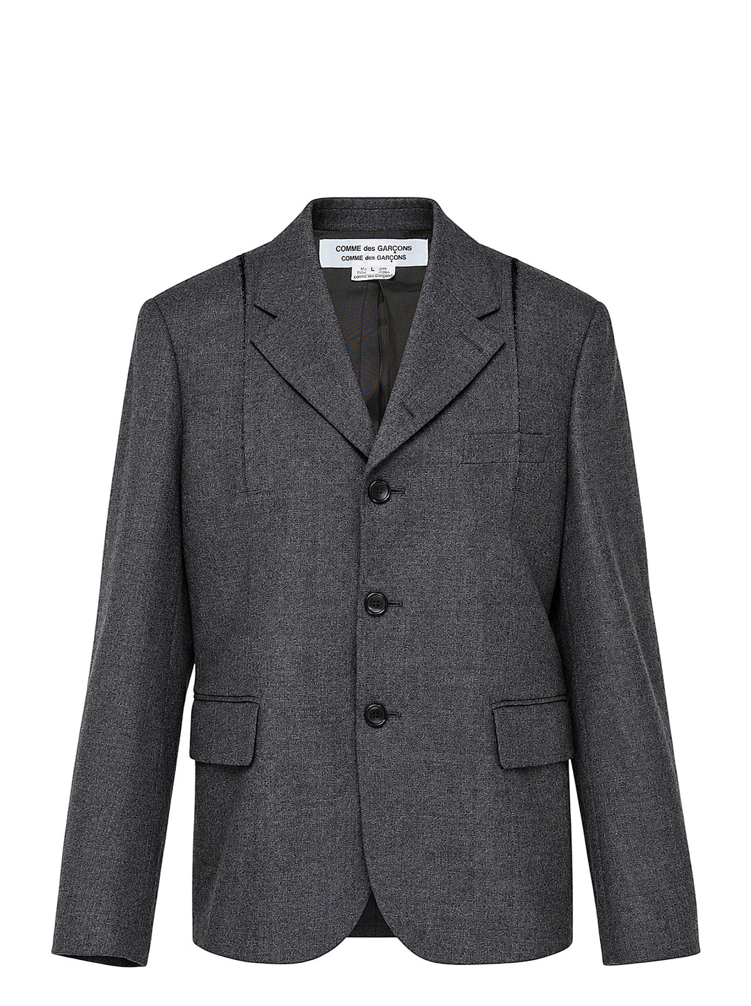 Comme des Garçons Comme des Garçons single-breasted tailored blazer in mid-grey mélange wool, featuring notched lapels, three-button closure, chest welt pocket, and twin flap hip pockets, shown flat on a white background.