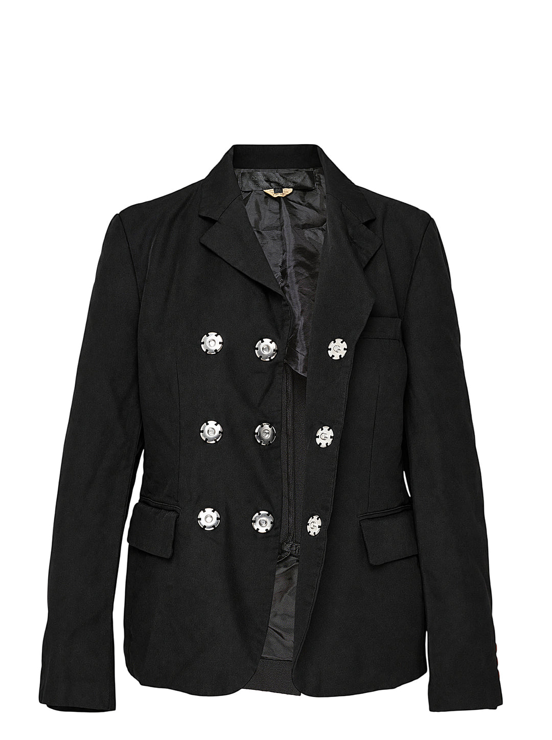 Comme des Garçons Comme des Garçons black tailored single-breasted blazer with notched lapels, three-button closure, chest welt pocket, and flap pockets at the hem, displayed flat on a white background. - view 2