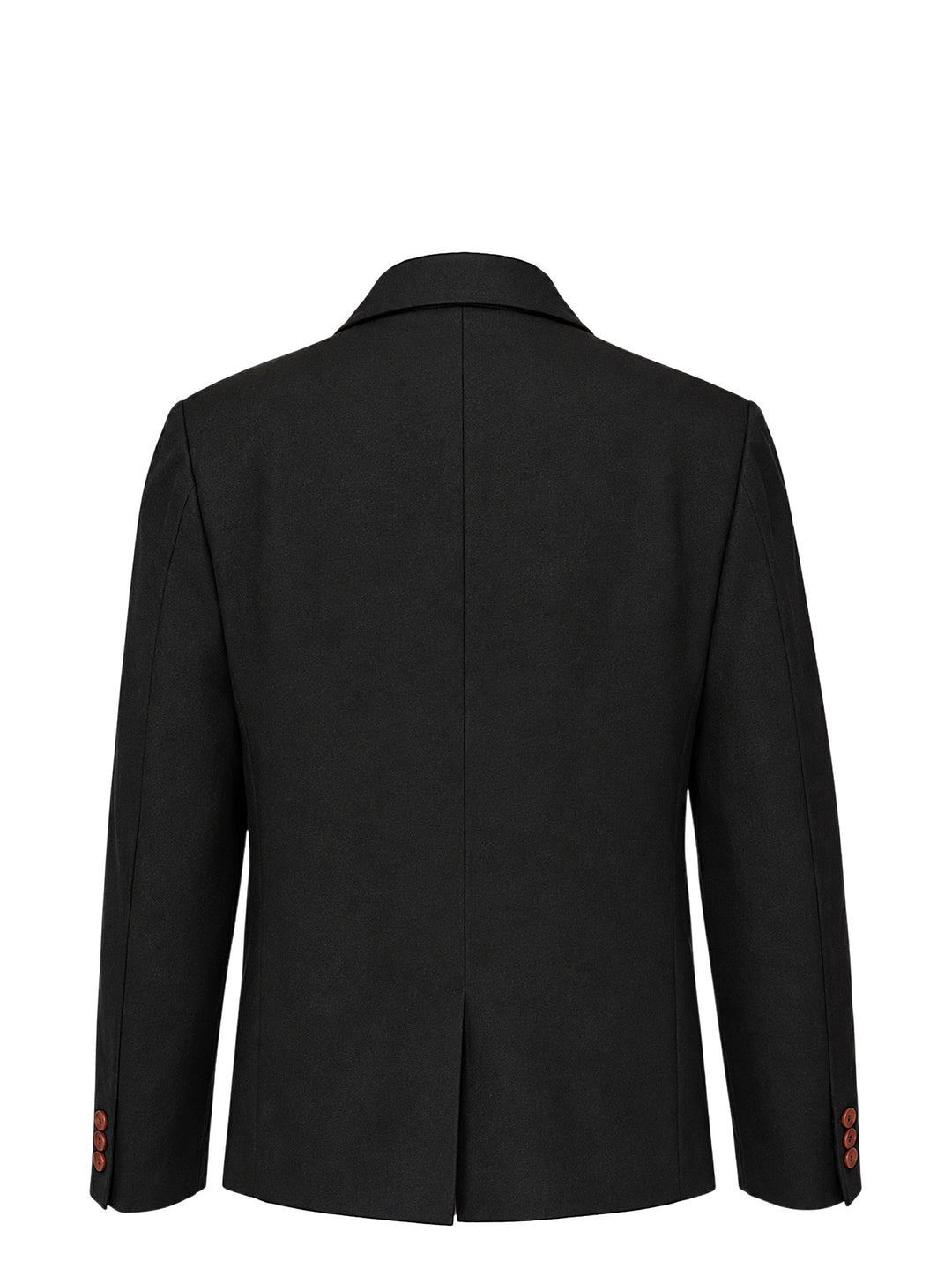 Comme des Garçons Comme des Garçons black tailored single-breasted blazer with notched lapels, three-button closure, chest welt pocket, and flap pockets at the hem, displayed flat on a white background. - view 3