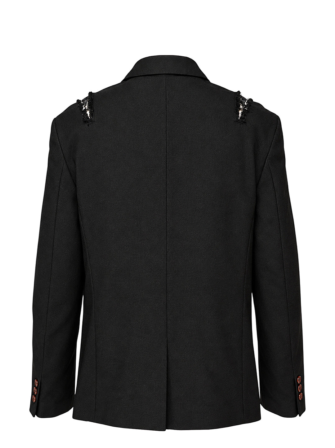 Comme des Garçons Comme des Garçons black deconstructed single-breasted blazer with cross-body harness buckle strap, frayed shoulder trim, and contrast brown buttons, shown on a flat lay against a white background - view 2