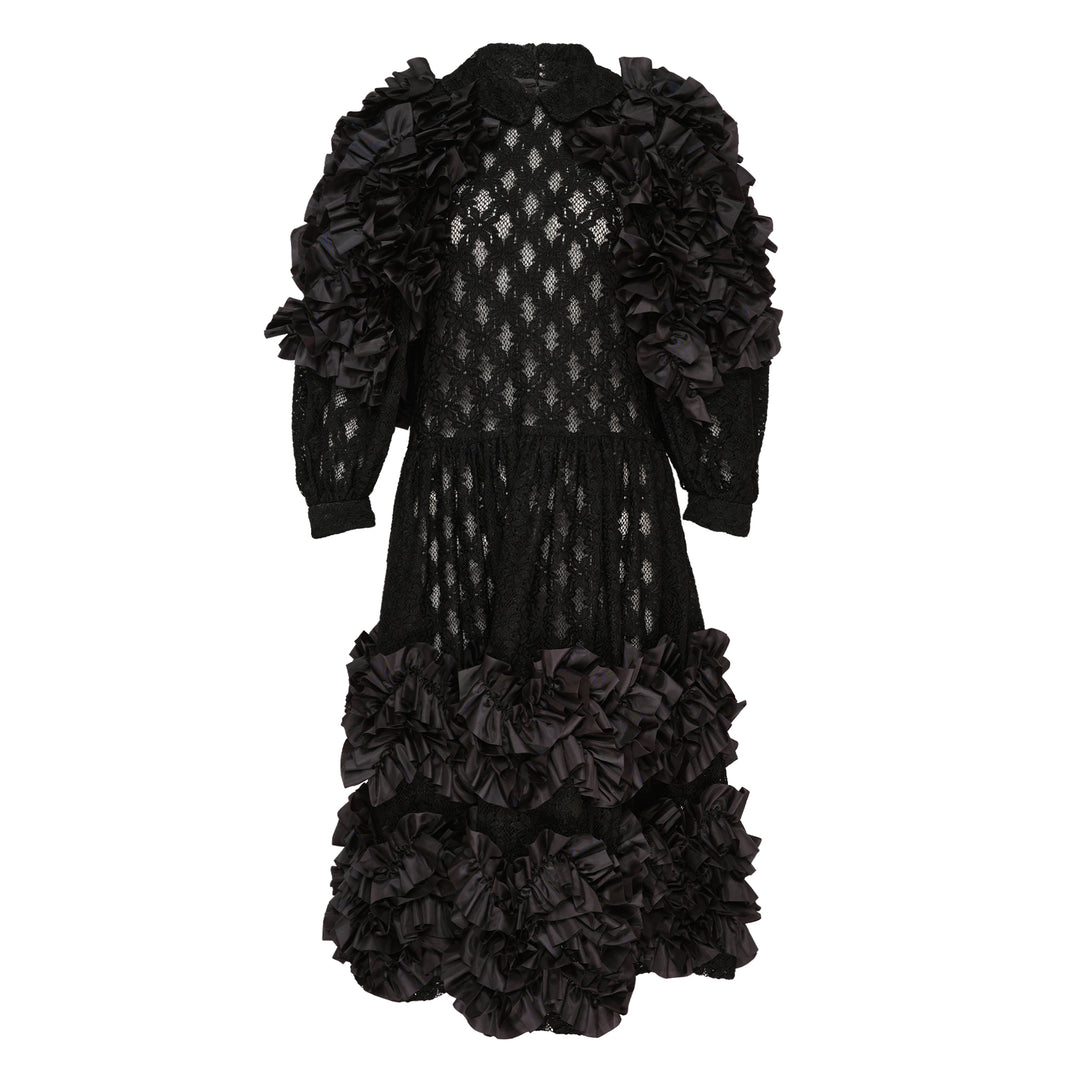Puffed Sleeve Lace Ruffle Dress