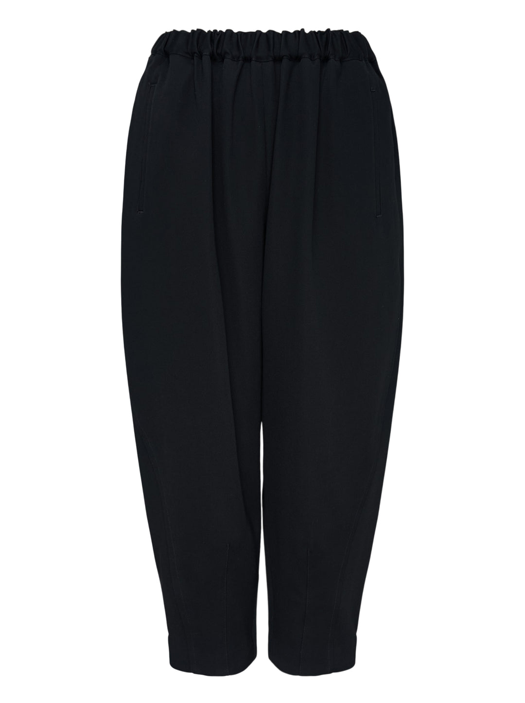 Comme des Garçons Comme des Garçons black tapered cocoon pants with elasticated ruched waistband and cropped narrow hem, front view