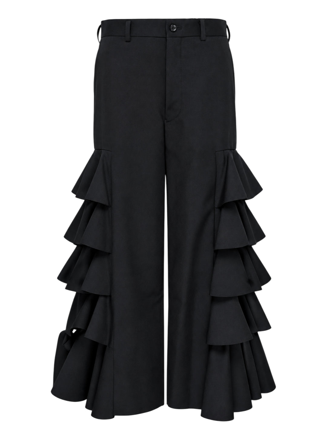 Black wide-leg cropped pants with cascading tiered ruffles down both sides, shown from the front against a white background