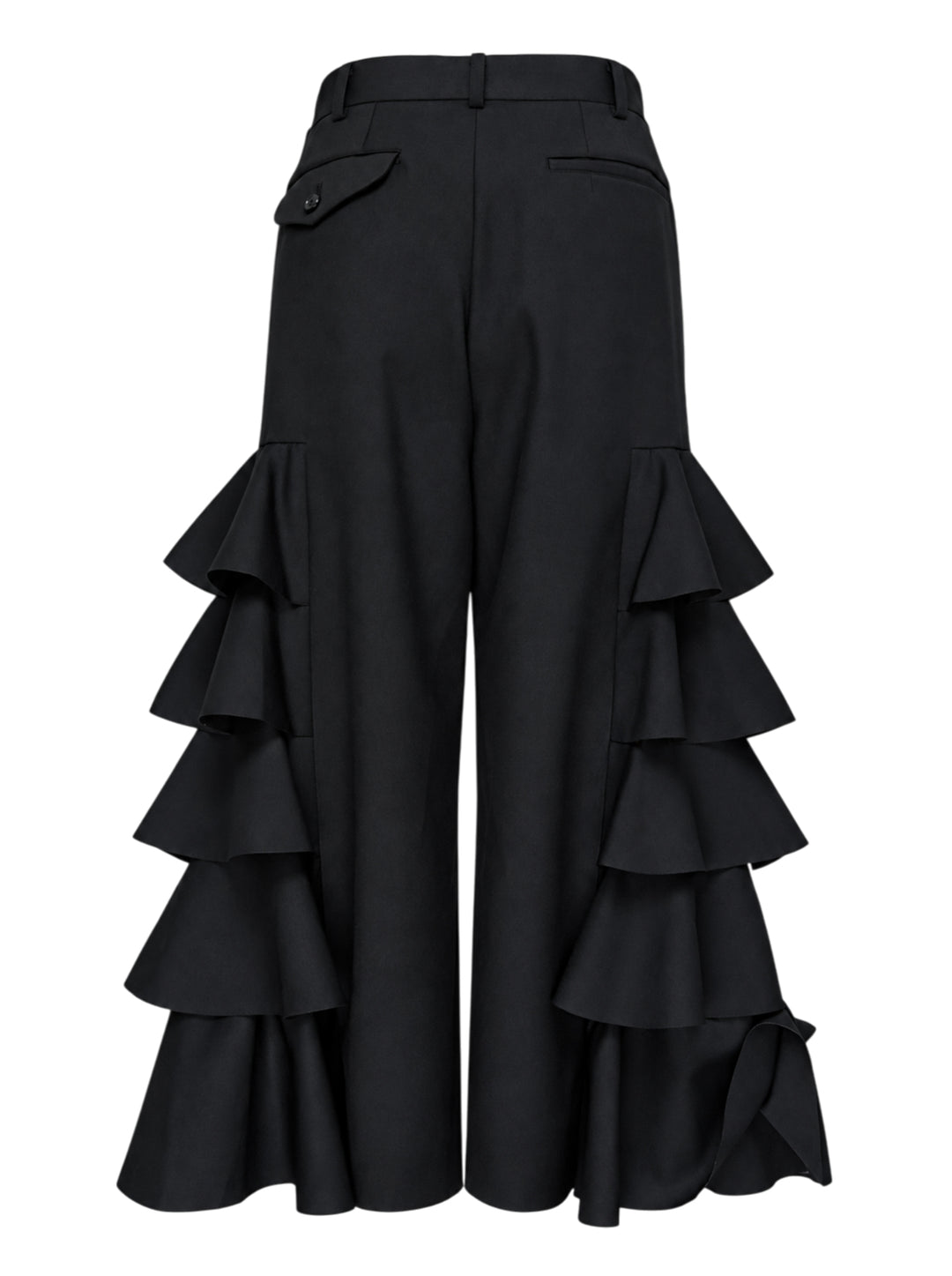 Black wide-leg cropped pants with cascading tiered ruffles down both sides, shown from the front against a white background - view 2