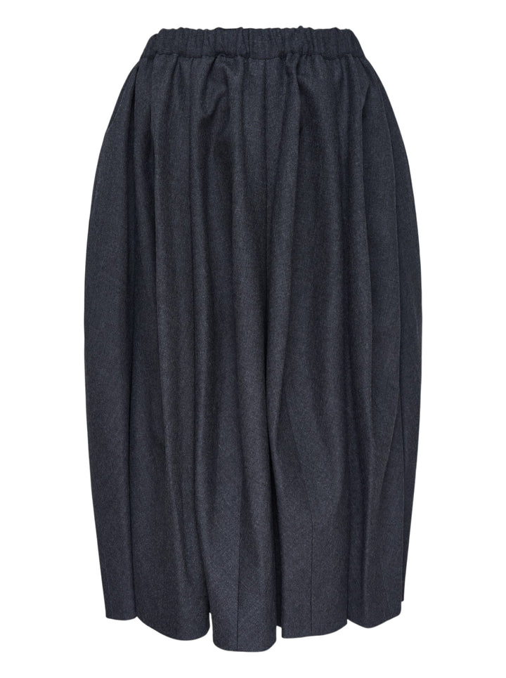 Comme des Garçons Comme des Garçons voluminous cocoon midi skirt in charcoal grey with elasticated drawstring waist and gathered sculptural silhouette, displayed flat on white background