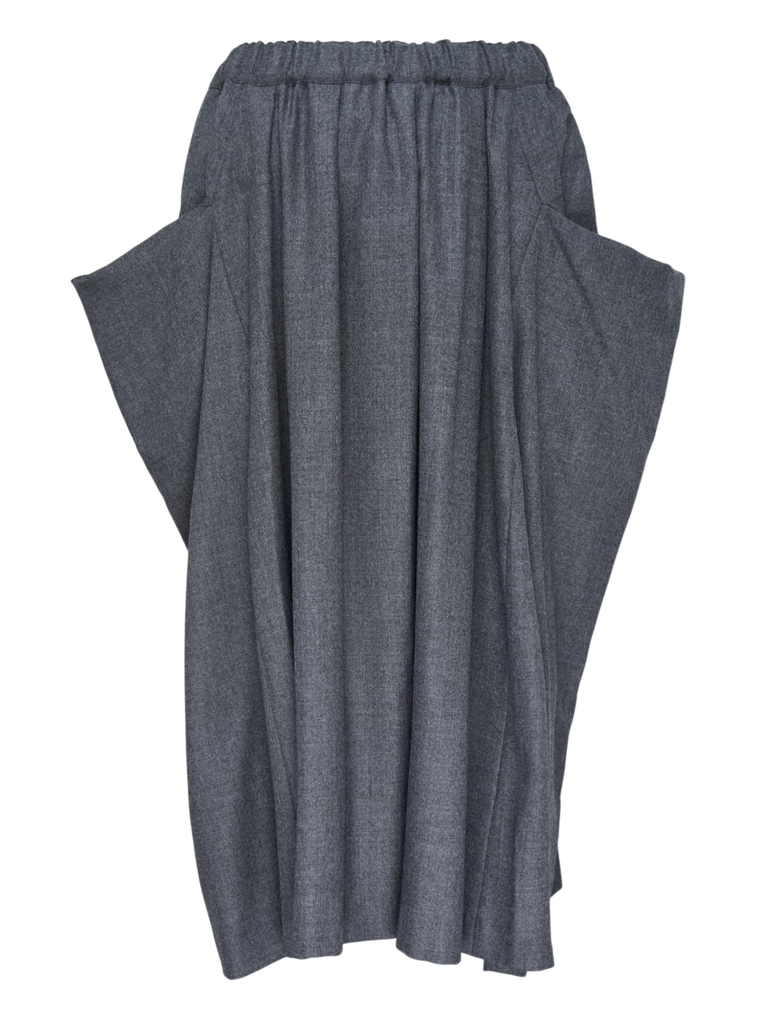 Comme des Garçons Comme des Garçons gathered waist draped skirt in heathered grey, shown flat with sculptural side panels and pleated centre front