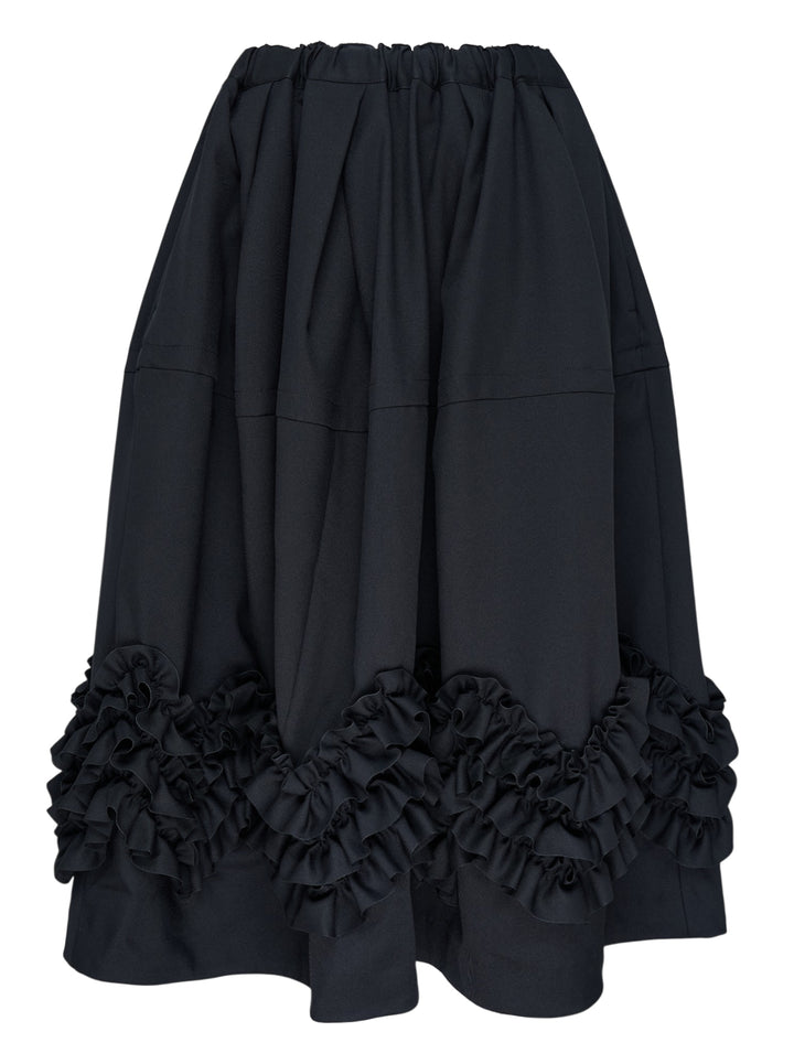 Comme des Garçons Comme des Garçons black balloon midi skirt with elasticated gathered waist, full pleated body, and dramatic multi-tiered ruffle hem trim