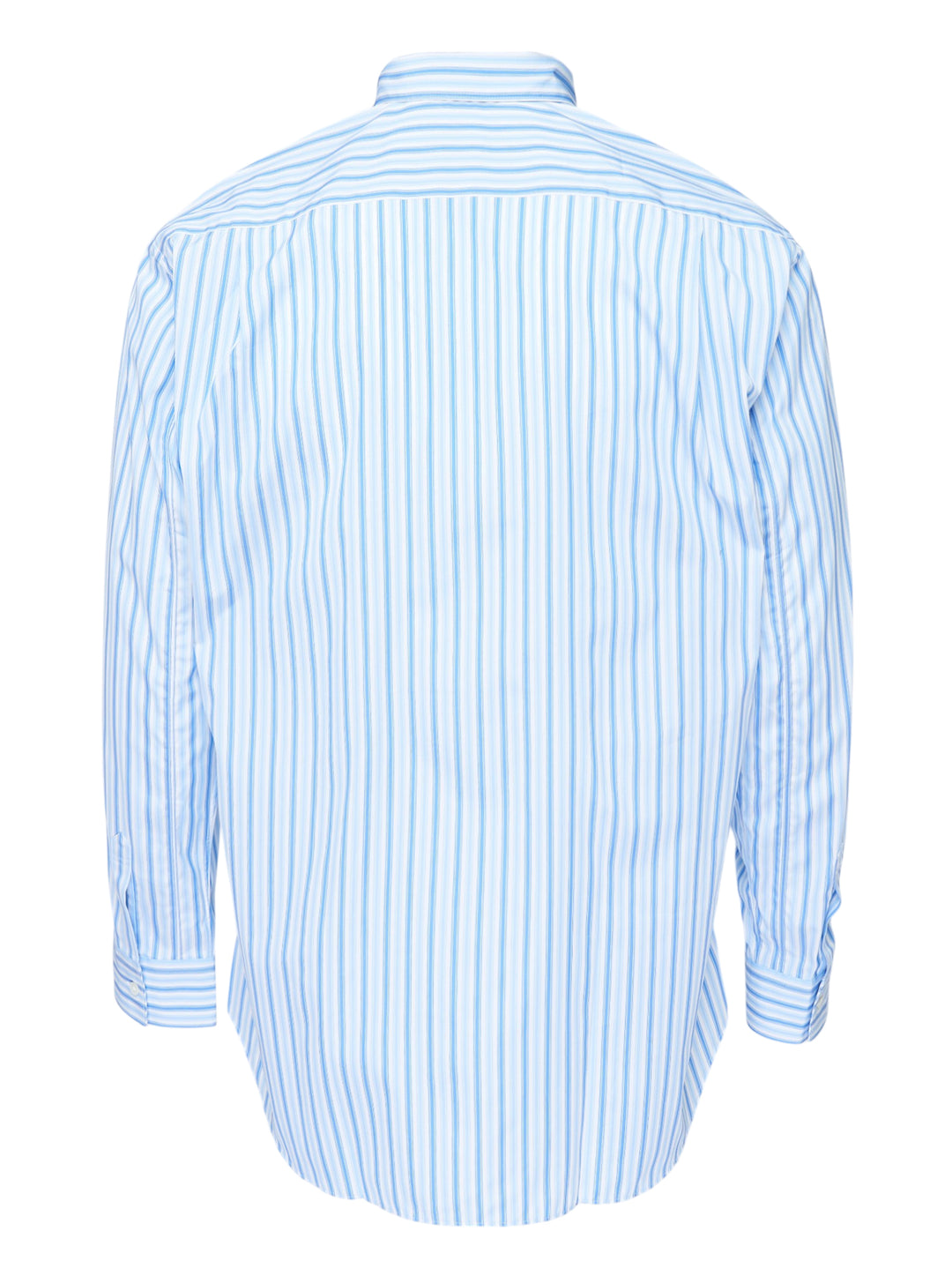 Comme des Garçons Shirt light blue and white striped long sleeve button-up shirt with two oversized metallic gold patch pockets, shown from the front - view 2