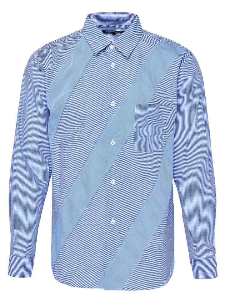 Comme des Garçons Homme Deux long sleeve shirt in blue and white cotton broad stripe with a diagonal patchwork panel, pointed collar and chest pocket