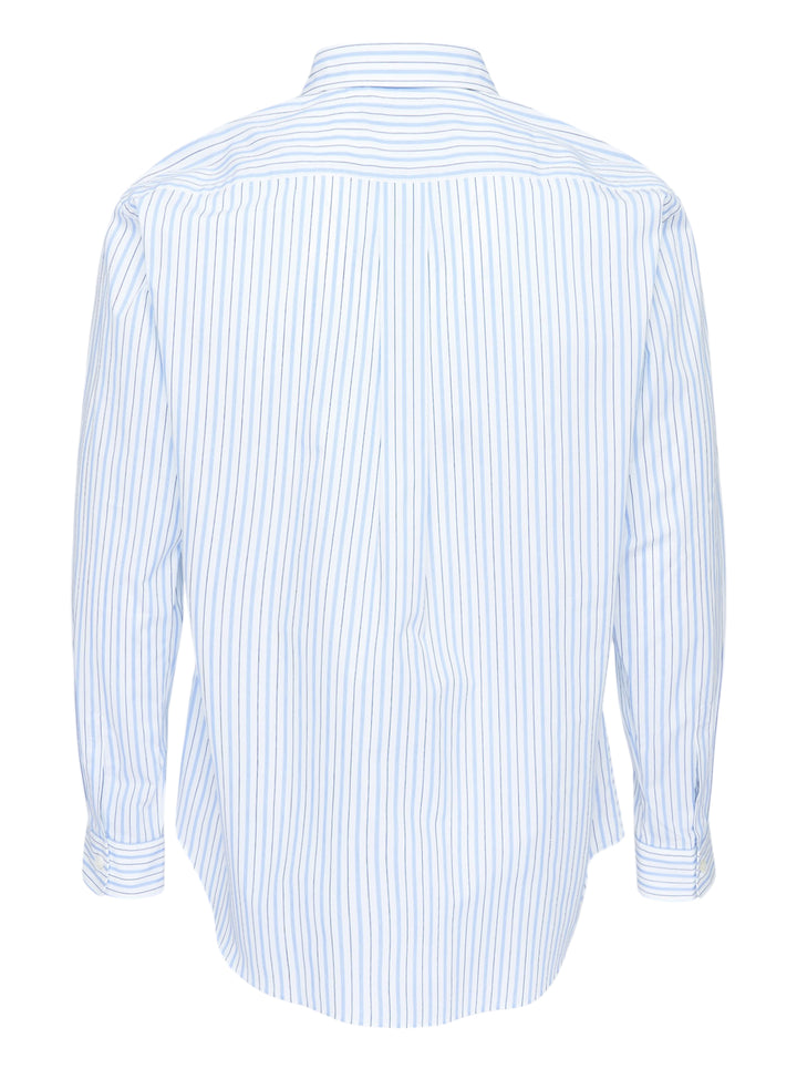 Comme des Garçons Homme Deux long sleeve shirt in blue and white cotton broad stripe with diagonal patchwork panels and a chest pocket - view 2