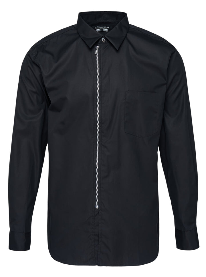 Comme des Garçons Homme Deux black cotton poplin long sleeve shirt with a silver zip front, point collar and chest patch pocket