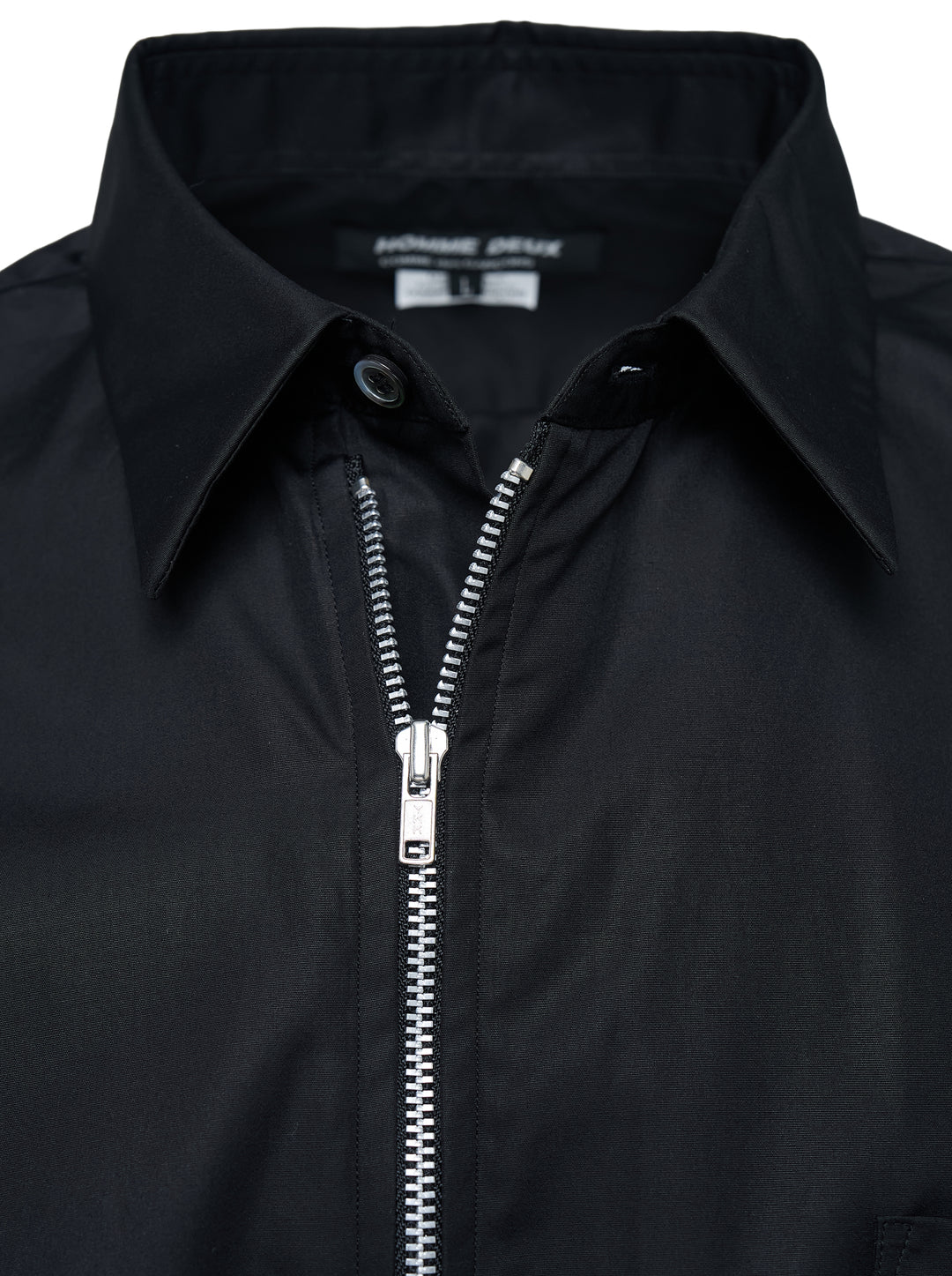 Comme des Garçons Homme Deux black cotton poplin long sleeve shirt with a silver zip front, point collar and chest patch pocket - view 3