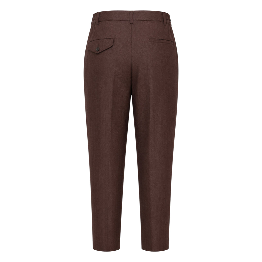 Comme des Garçons Homme Deux wool mini herringbone pants in brown, featuring a tapered leg, elasticated waistband, and panelled knee construction, shown flat on a white background - view 2