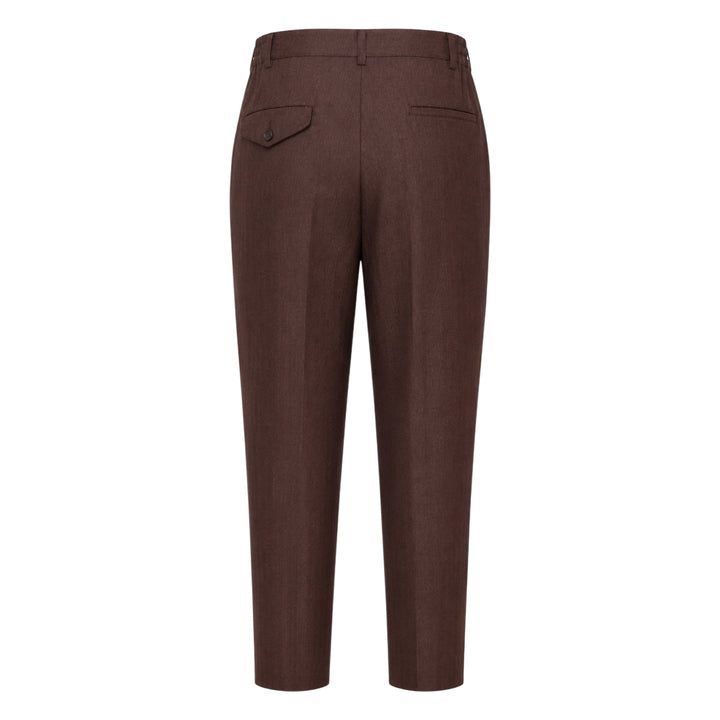 Comme des Garçons Homme Deux wool mini herringbone pants in brown, featuring a tapered leg, elasticated waistband, and panelled knee construction, shown flat on a white background - view 2