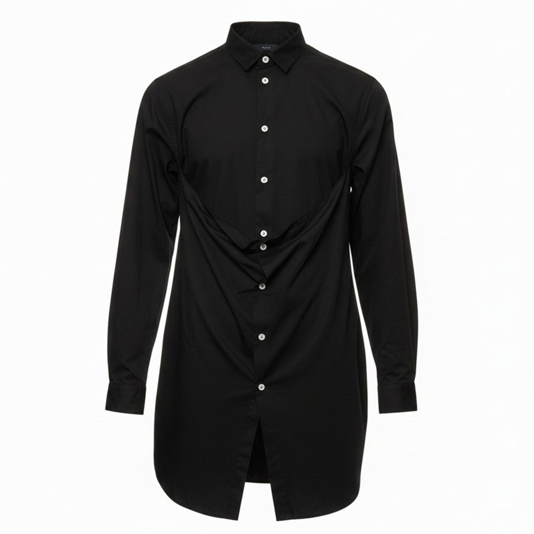 Comme des Garçons Homme Plus black long sleeve shirt with draped and gathered fabric panel at the front torso, silver-tone buttons, point collar, and extended hem with vent