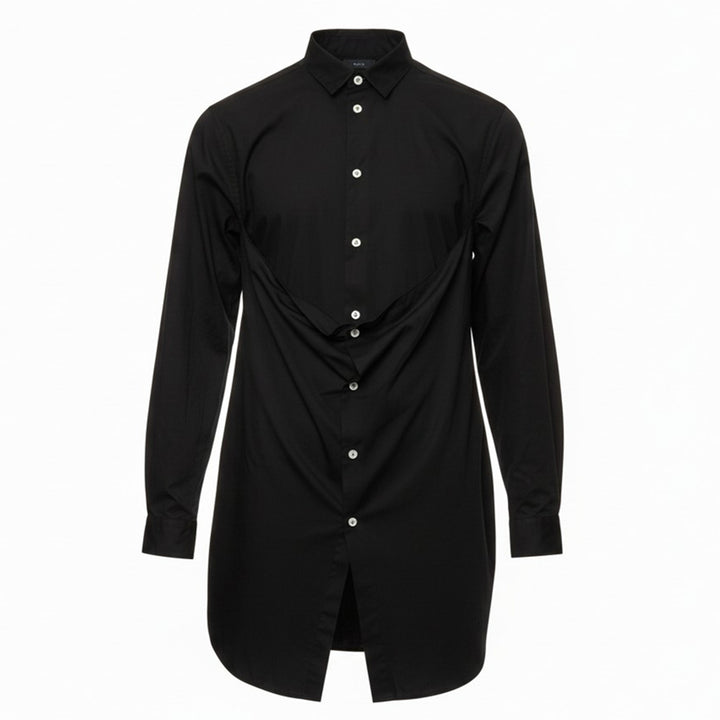 Comme des Garçons Homme Plus black long sleeve shirt with draped and gathered fabric panel at the front torso, silver-tone buttons, point collar, and extended hem with vent