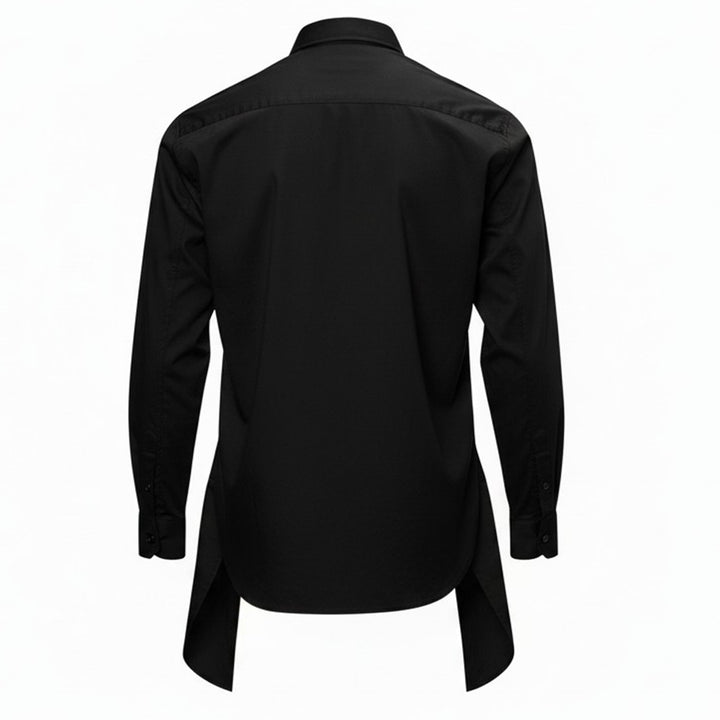 Comme des Garçons Homme Plus black long sleeve shirt with draped and gathered fabric panel at the front torso, silver-tone buttons, point collar, and extended hem with vent - view 2
