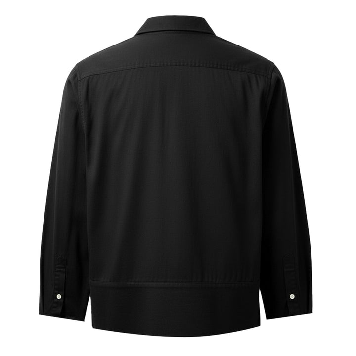 Comme des Garçons Homme Plus black polyester broad long sleeve shirt with layered hem, chest pocket, and mother-of-pearl button fastening, front view - view 2