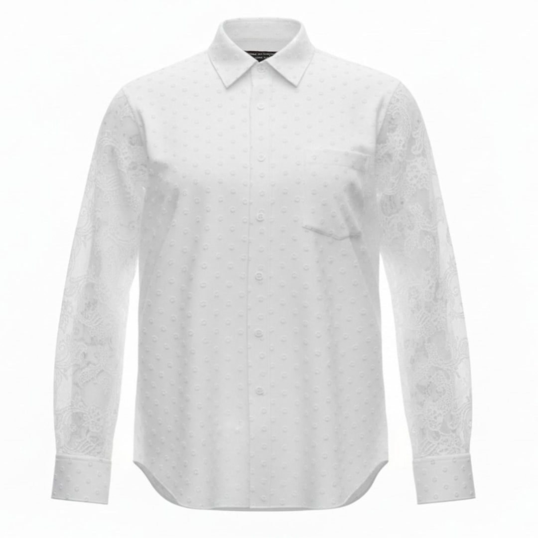 Comme des Garçons Homme Plus white long-sleeve shirt with jacquard dot body and floral lace sleeves, shown flat on a white background