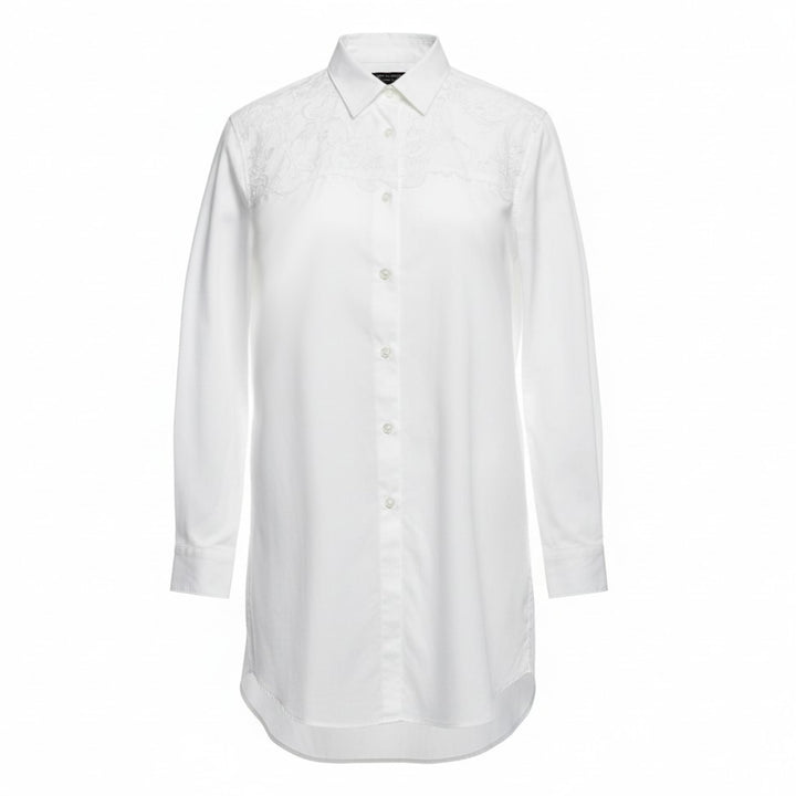 Comme des Garçons Homme Plus white long sleeve shirt with tonal lace floral yoke panel, pearlescent button fastening, and an elongated relaxed silhouette