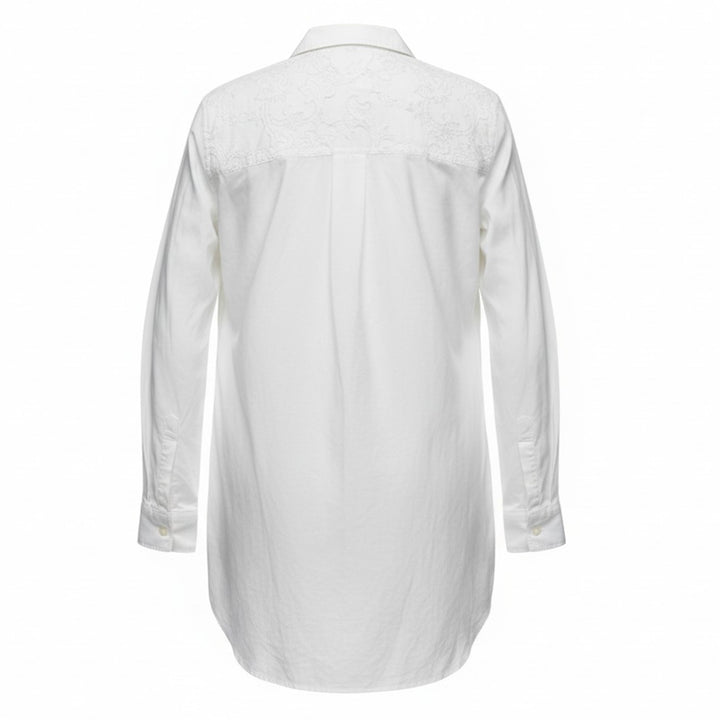 Comme des Garçons Homme Plus white long sleeve shirt with tonal lace floral yoke panel, pearlescent button fastening, and an elongated relaxed silhouette - view 2