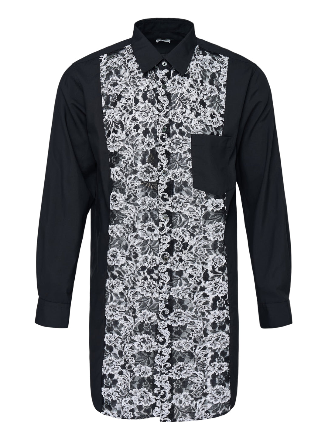 Comme des Garçons Homme Plus black long sleeve shirt with a sheer white floral lace front panel and chest pocket