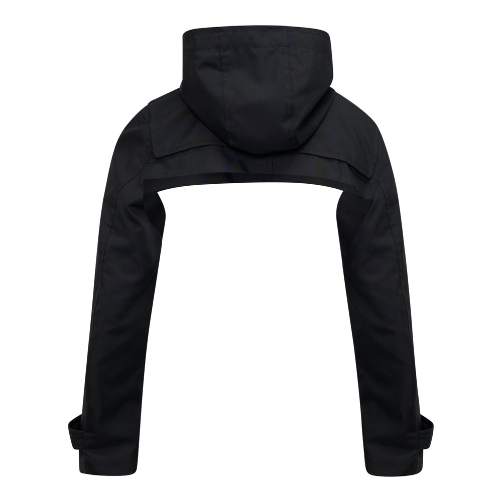 Comme des Garçons Homme Plus black polyester dobby cloth cropped bolero jacket with hood, duffle toggle closure, storm flap chest detail, and belted cuffs, displayed flat on white background - view 2