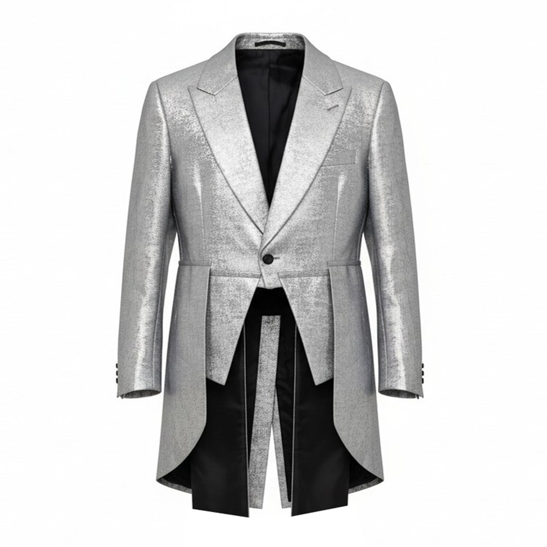 Comme des Garçons Homme Plus silver foil print polyester georgette tailcoat jacket with peak lapels, single-button closure, and dramatic split tails with black lining