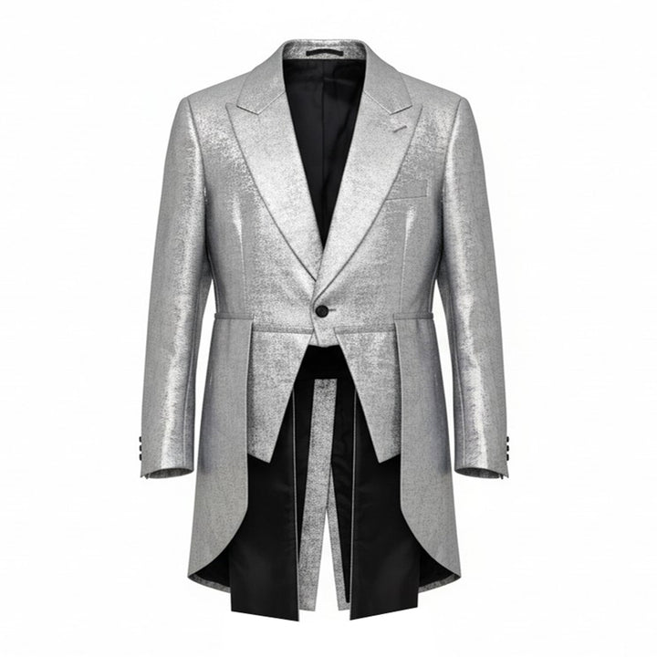 Comme des Garçons Homme Plus silver foil print polyester georgette tailcoat jacket with peak lapels, single-button closure, and dramatic split tails with black lining