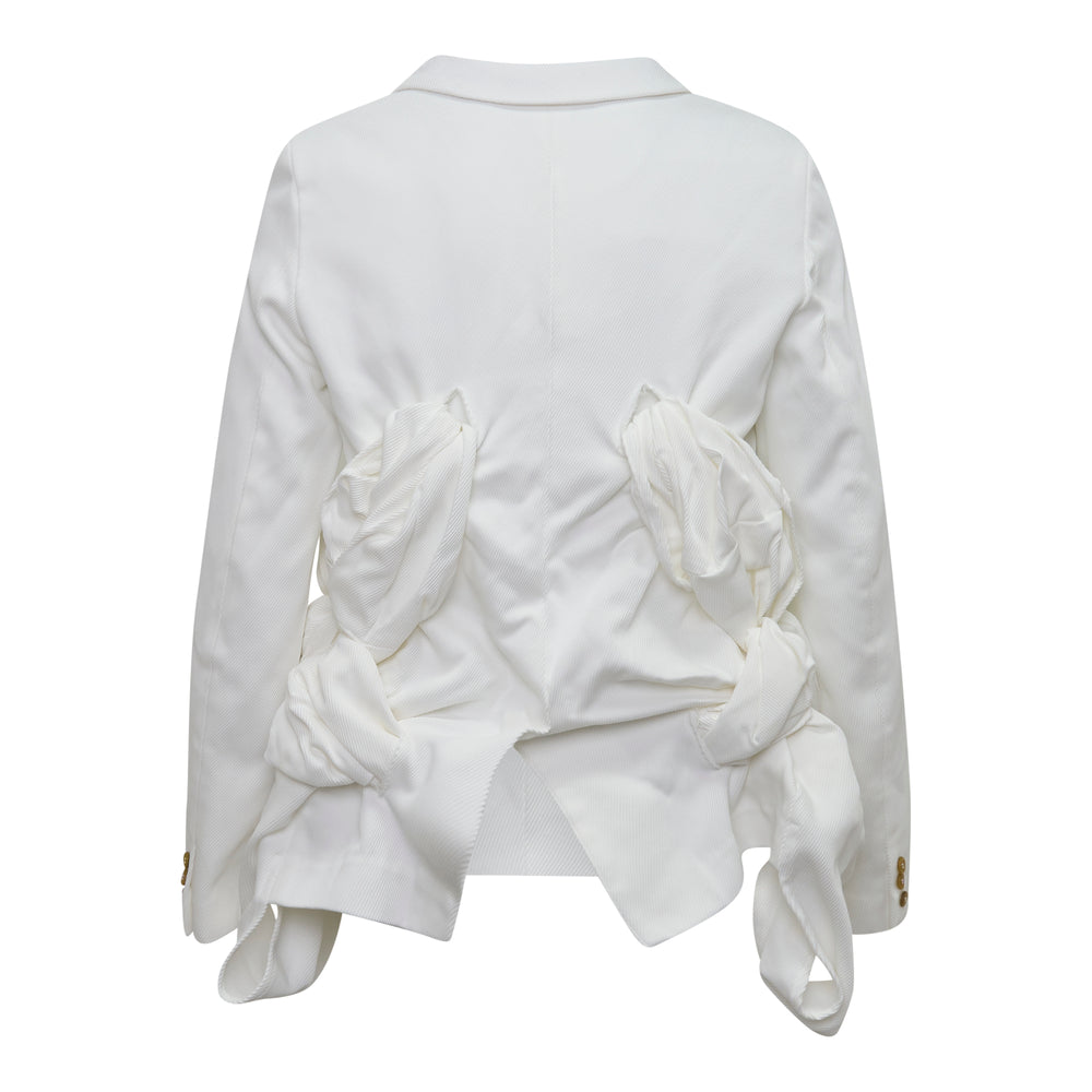 Comme des Garçons Homme Plus white heavy kersey single-breasted jacket with sculptural ruching across the front panels, notched lapels, and antique gold-tone buttons - view 2