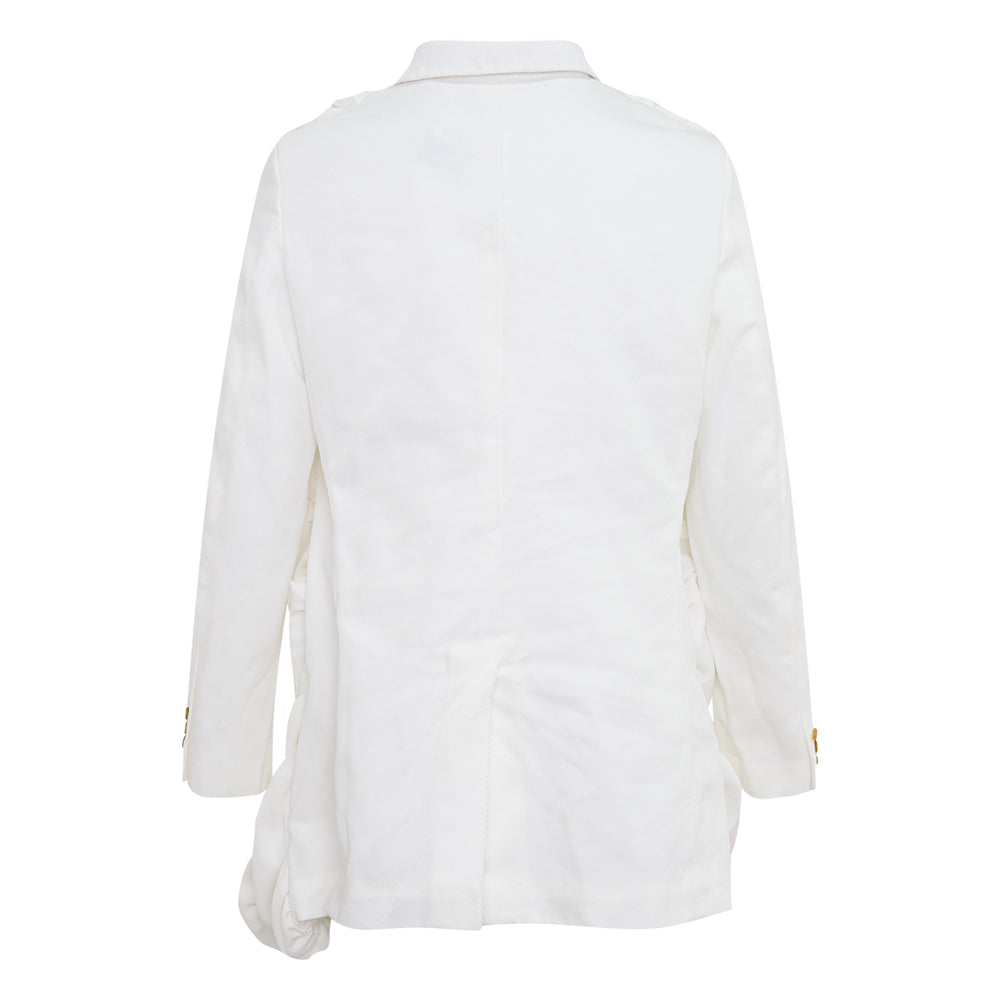 Comme des Garçons Homme Plus white heavy kersey ruched jacket with dramatic gathered panels, notched lapel, and gold-tone button fastening, displayed flat on white background - view 2