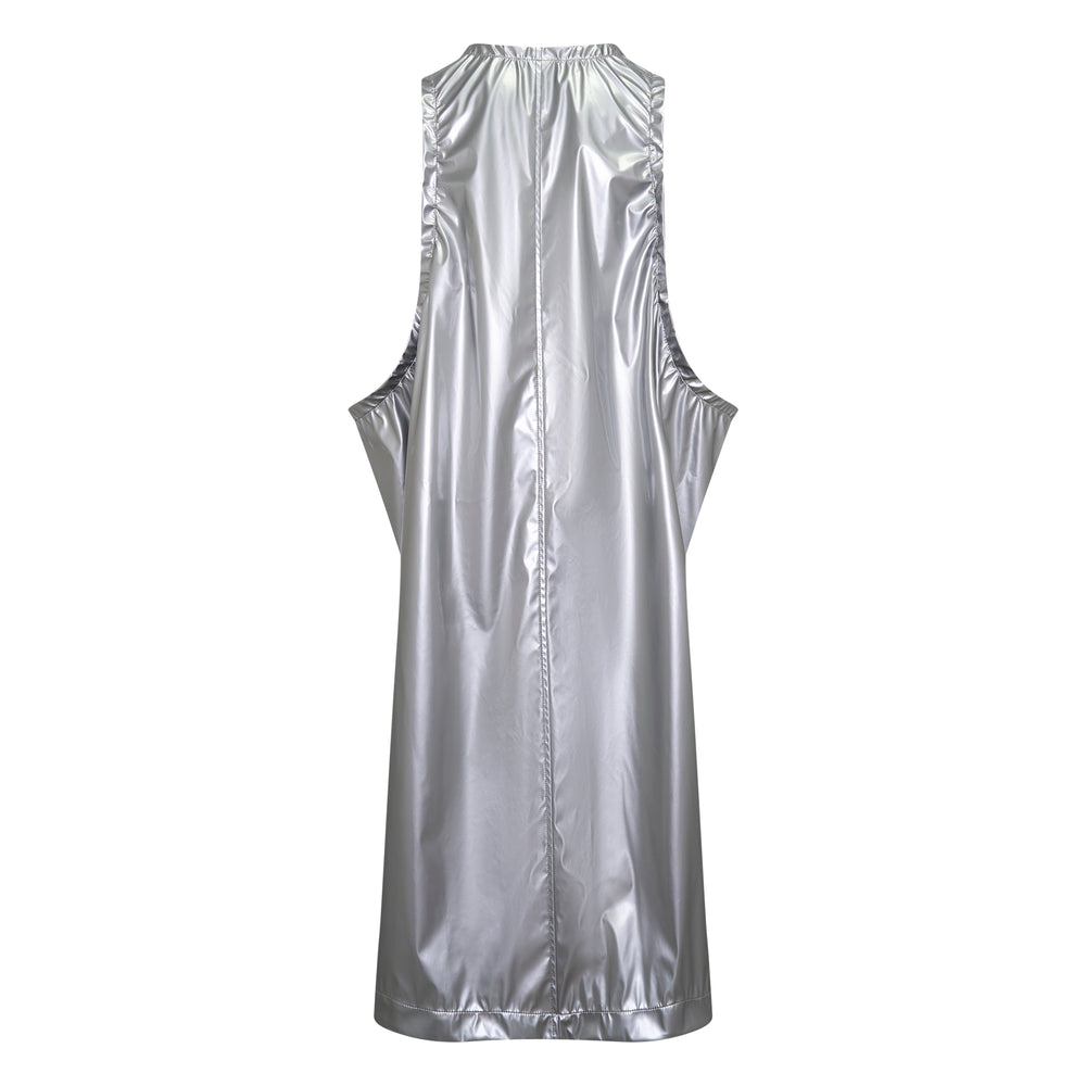 Comme des Garçons Homme Plus silver metallic polyurethane enamel halter dress with ruched neckline and armhole trim, fluid A-line silhouette, photographed flat on white background - view 2