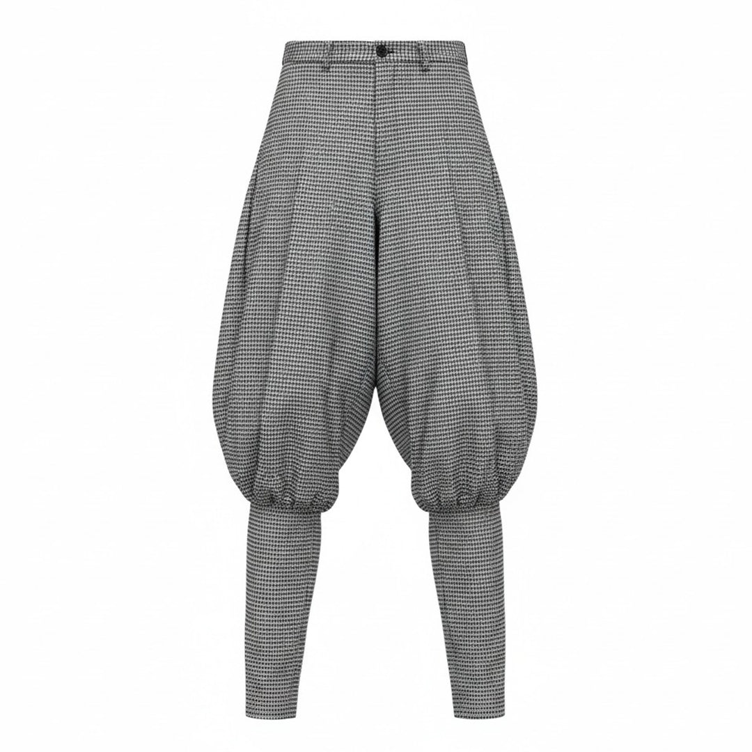 Comme des Garçons Homme Plus wool glen-check balloon pants in monochrome micro-houndstooth, featuring a dramatically voluminous upper leg gathered below the knee and tapering to a slim ankle, shown flat on white background