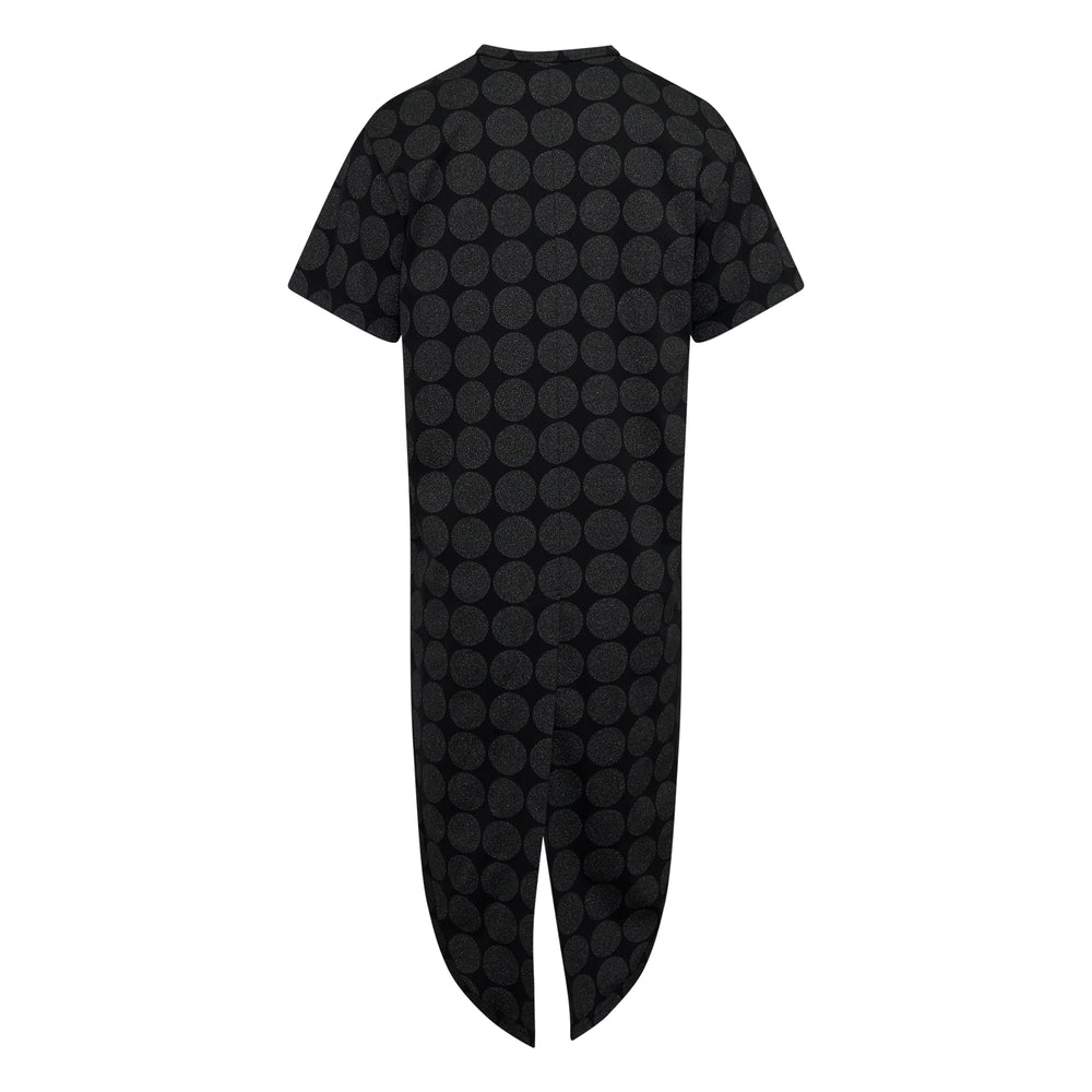 Comme des Garçons Homme Plus short sleeve tee in black with all-over metallic circle jacquard print and contrast elongated velvet lower panel, rear view - view 2