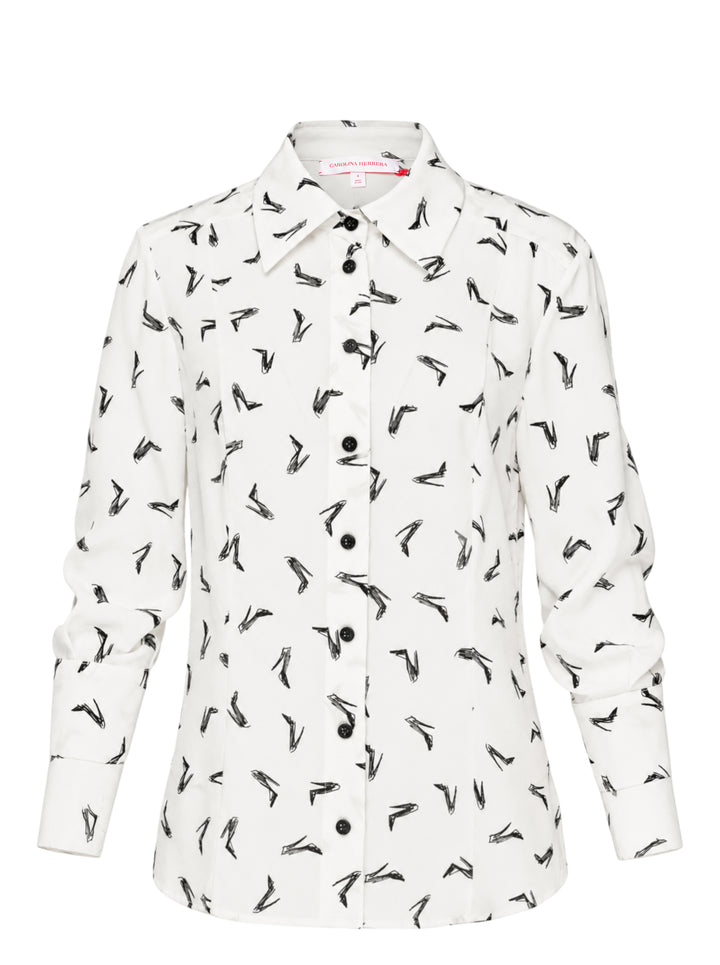 Carolina Herrera Good Girl Shoe long-sleeve button-up blouse in ivory with an all-over black stiletto sketch print, black buttons, and a structured point collar
