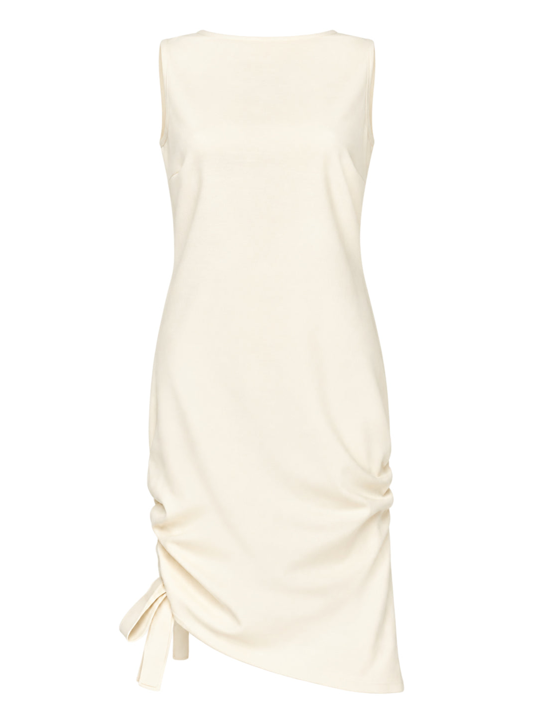 Carolina Herrera ivory sleeveless boatneck midi dress with ruched asymmetrical hem and self-tie bow detail, displayed flat on white background - view 2