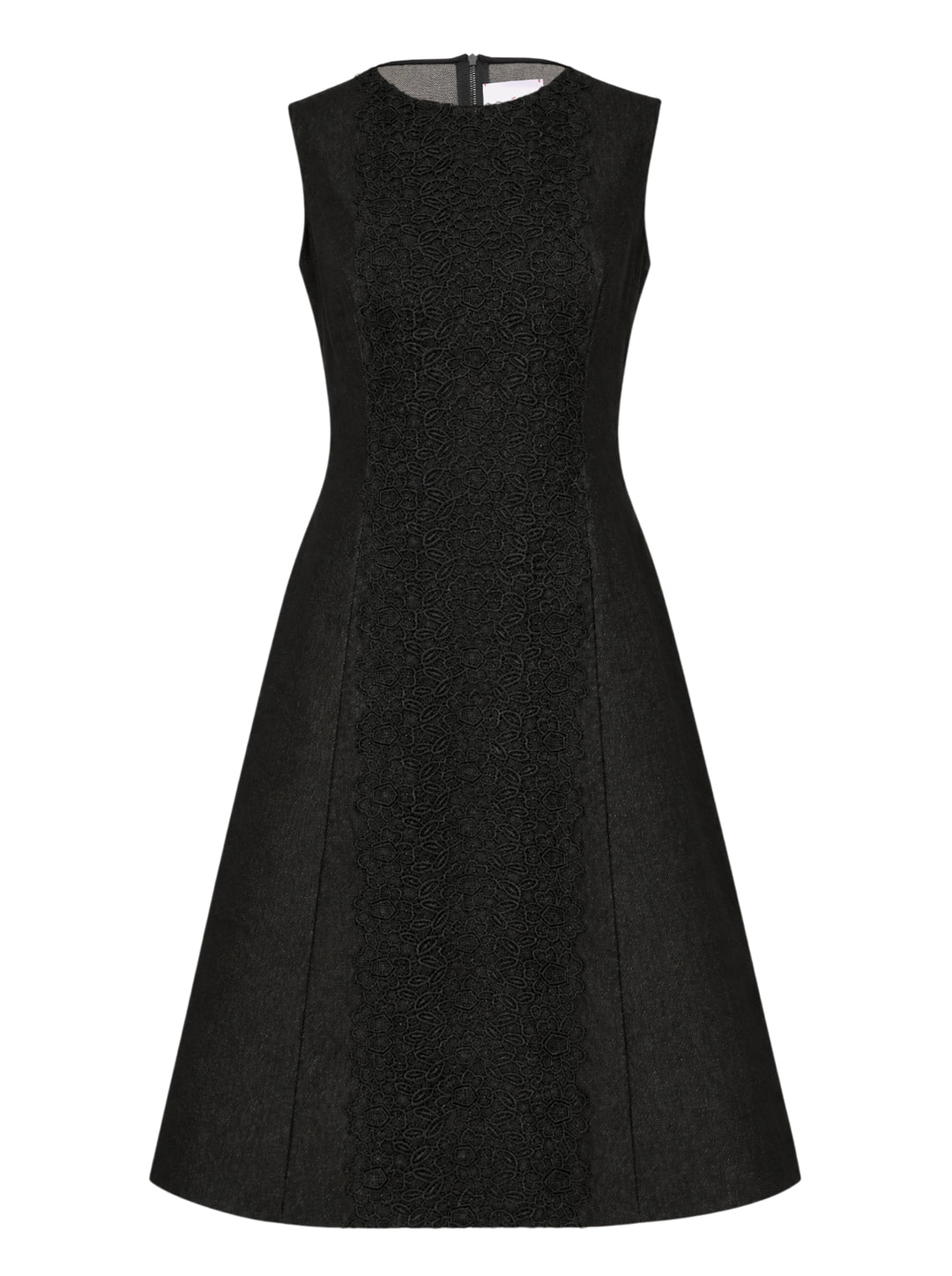 Carolina Herrera black sleeveless A-line knee-length dress with floral guipure lace centre panel and structured woven side panels, featuring a round neckline and concealed back zip