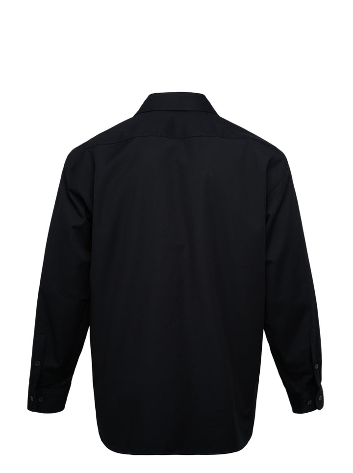 Dries Van Noten black loose fit long sleeve zipped overshirt with silver zip fastening, spread collar, and chest flap pocket with snap button - view 2