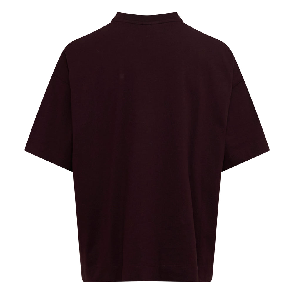 Dries Van Noten Oversized Mock Neck Tee in deep burgundy, rear view, featuring a ribbed mock neck, dropped shoulders, and a boxy silhouette - view 2
