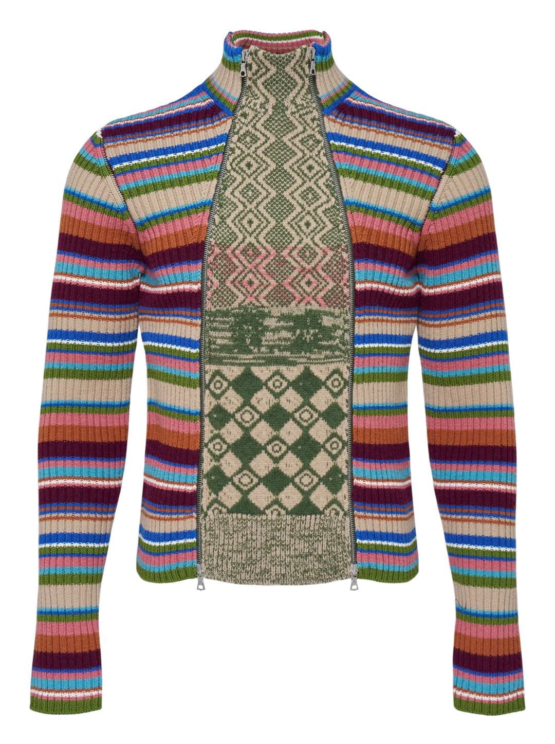 Dries Van Noten fitted rib cardigan with multicoloured horizontal stripes, a green and beige jacquard front panel, and dual zip closure