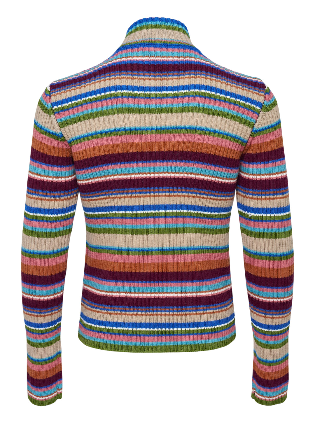 Dries Van Noten fitted rib cardigan with multicoloured horizontal stripes, a green and beige jacquard front panel, and dual zip closure - view 2
